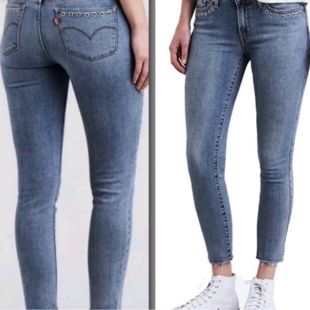 LEVI'S 711 SKINNY Mid Rise Medium Wash Raw Hem Rare Grommet Pocket Size 31